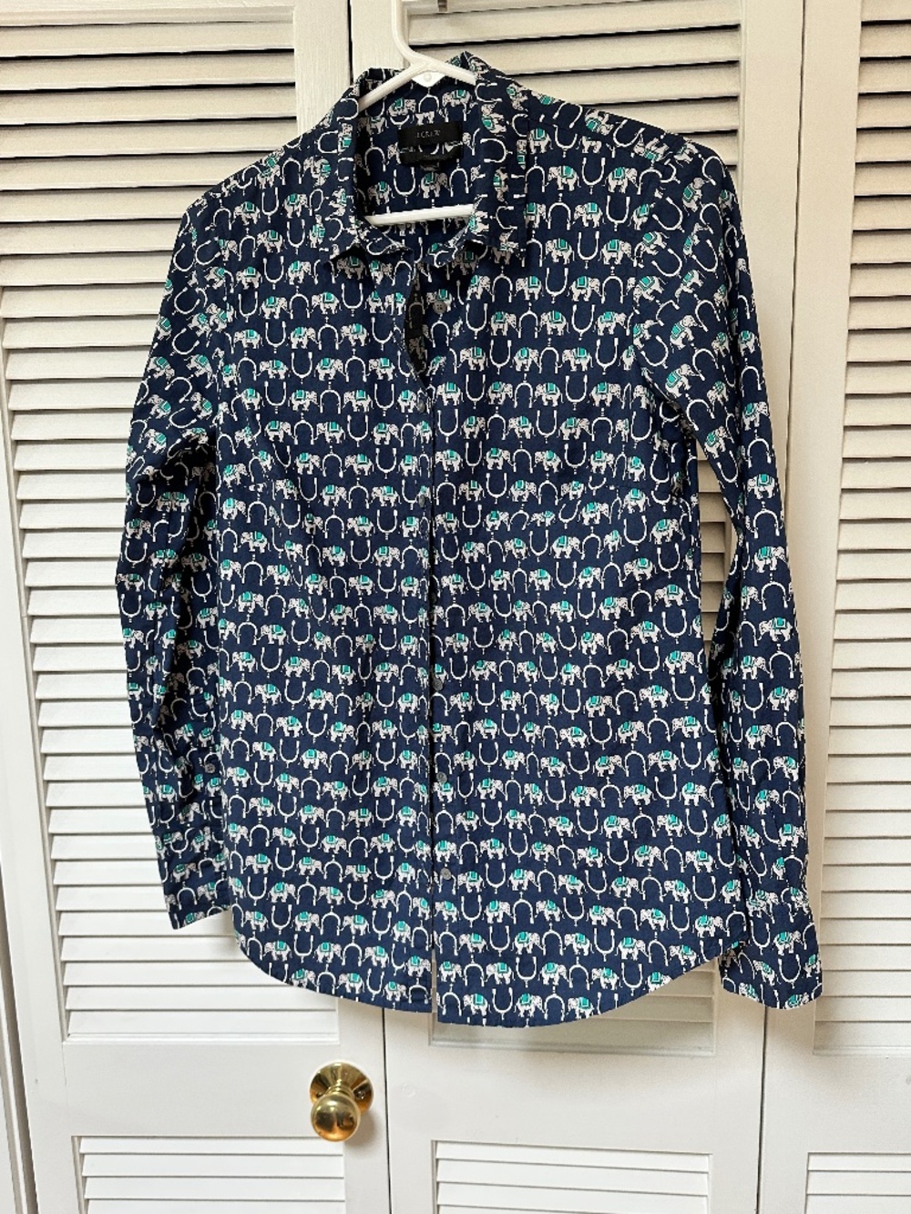J. Crew Perfect Button Down Cotton Blouse Blue Teal White Elephants Print Small